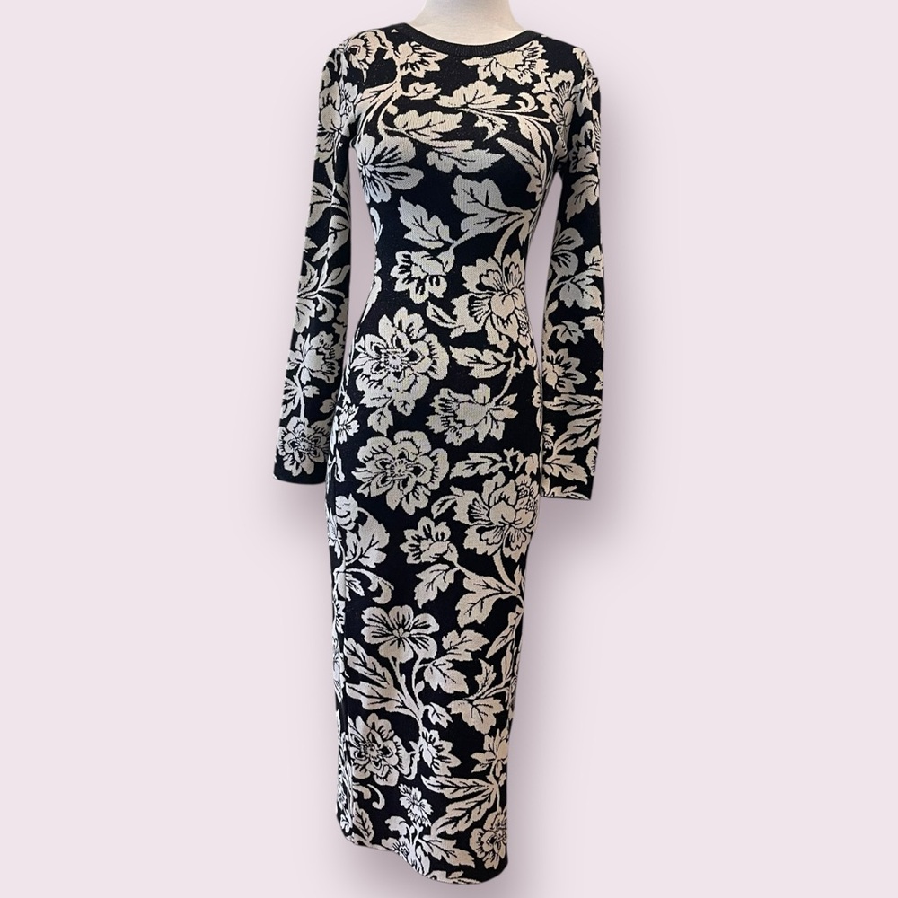 Flying Tomato Marci Sweater Dress Black + Ivory Floral